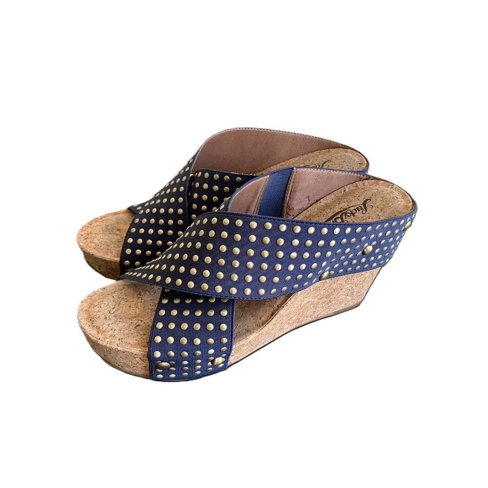 Lucky Brand Studded Cork Wedge Platform Sandals Blue Elastic Straps Size 8
